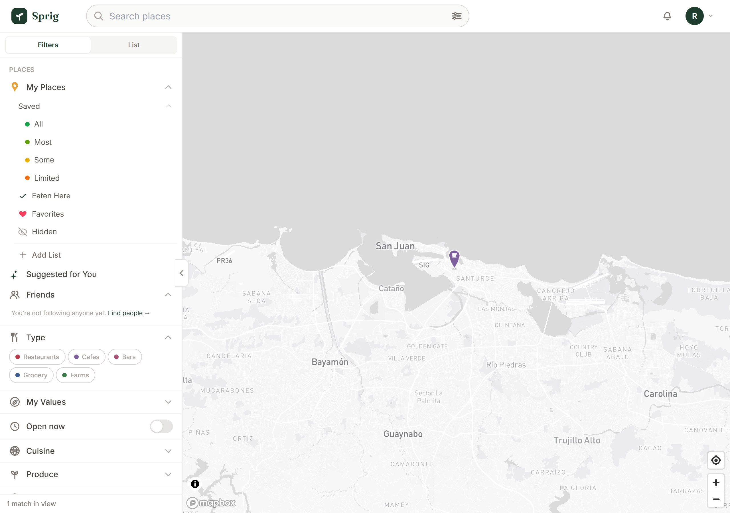 The map filtered to Organic Matcha with the supplied cafe matching